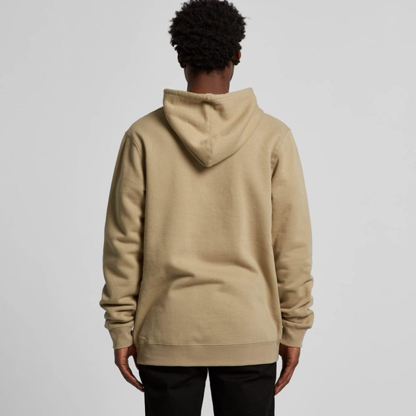 A beige hoodie with a front kangaroo pocket and a hood, featuring a logo on the back. A beige hoodie with a front kangaroo pocket and a hood, featuring a logo on the back.