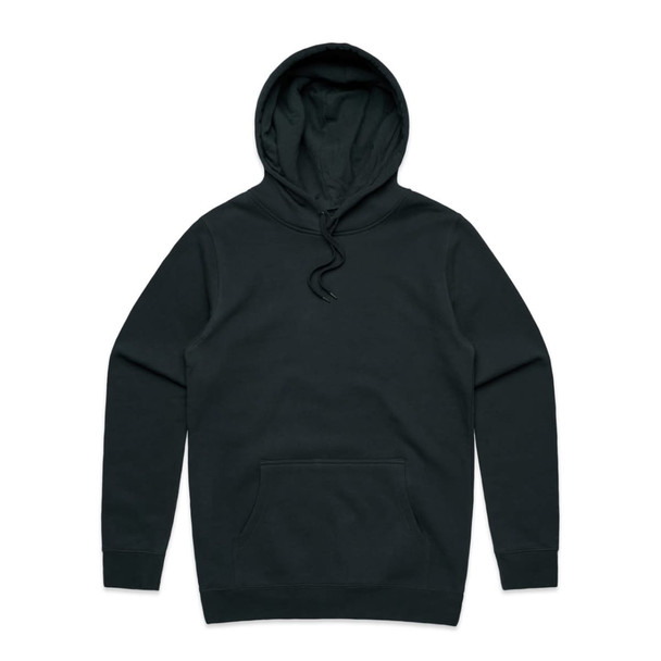 A black hoodie with a front pocket and a drawstring hood. It features a logo on the design.