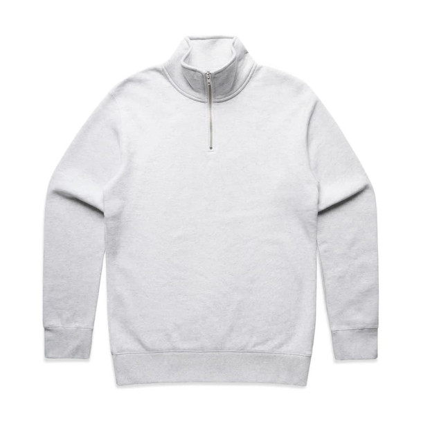 A light grey half zip crew jumper featuring long sleeves and a collar. It has a logo on the front.