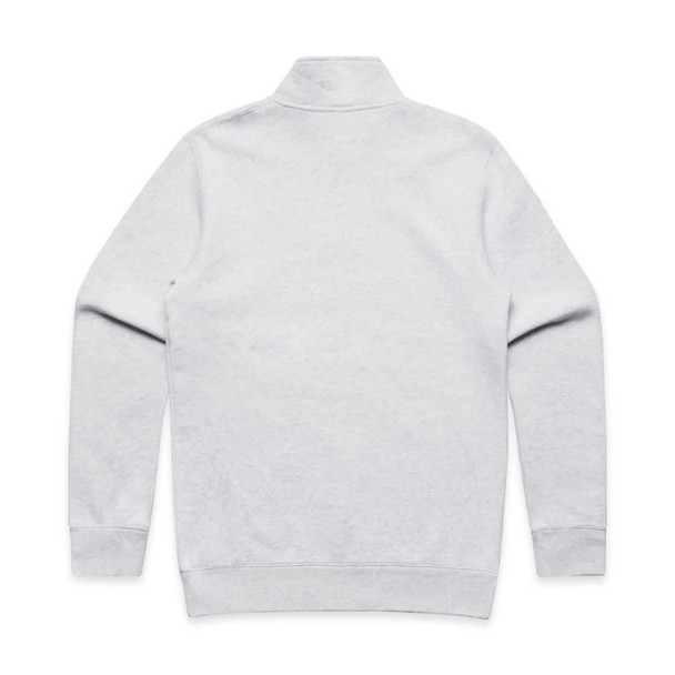 A grey half zip crew jumper, featuring long sleeves and a high collar, with a logo on the back.