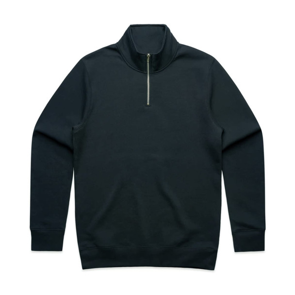 A black half zip crew sweatshirt featuring long sleeves and a zip collar, with a logo on the chest.