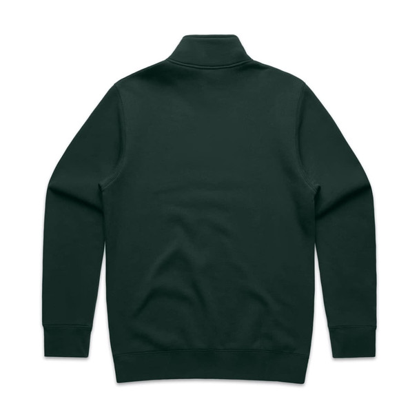 A dark green half zip crew jumper featuring a solid back design and long sleeves. It has a logo on the collar.