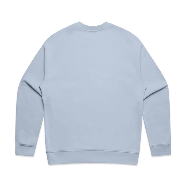 A light blue sweater with a simple design and a branding logo on the back. A light blue sweater with a simple design and a branding logo on the back.