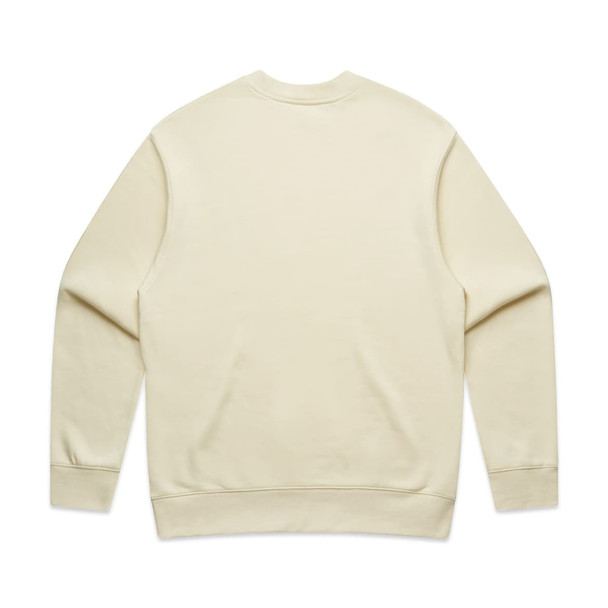 A cream-coloured sweater with a simple design and a logo on the back.