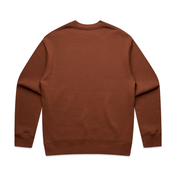 A brown sweater with a crew neck and long sleeves. It features a plain design and has a logo. A brown sweater with a crew neck and long sleeves. It features a plain design and has a logo.