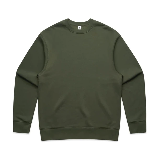 A green sweater with a crew neck and long sleeves, featuring a logo on the neckline.
