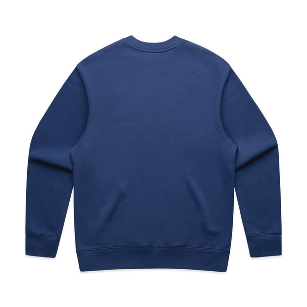 A navy blue sweater with long sleeves and a round neckline, featuring a plain back and ribbed cuffs. A navy blue sweater with long sleeves and a round neckline, featuring a plain back and ribbed cuffs.