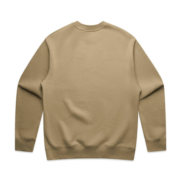 A tan-coloured sweater with a plain back and long sleeves, featuring a logo on the inner neck area. A tan-coloured sweater with a plain back and long sleeves, featuring a logo on the inner neck area.