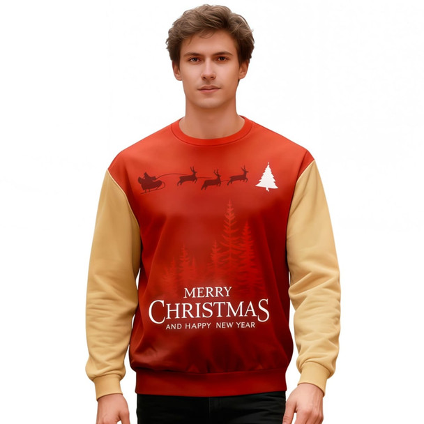 Unisex polyester spandex Christmas sweatshirt in red and beige, featuring a festive design with trees and reindeer.