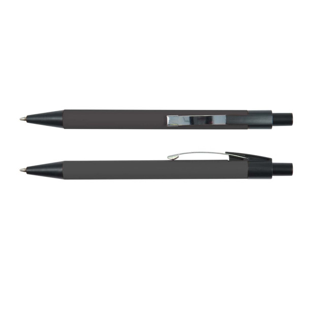 A set of two sleek metal pens in black with a silver clip, featuring a modern design.