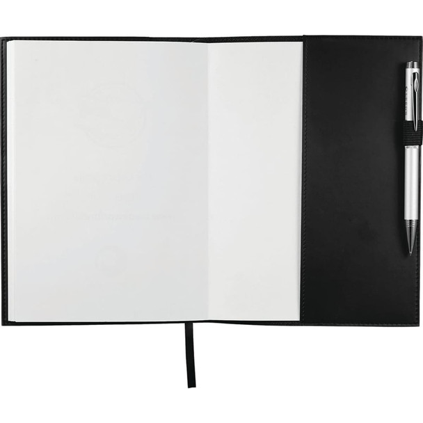 A refillable journal book with a black cover, featuring blank pages and a pen holder on the side.