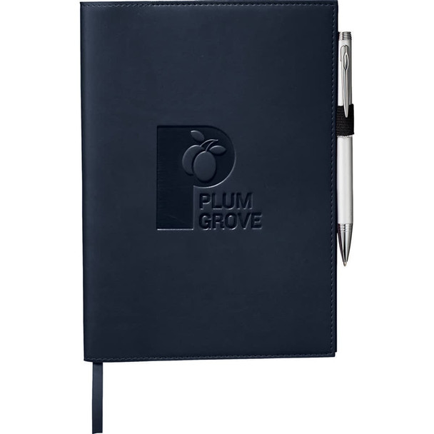 A navy refillable journal with a logo and an elastic pen holder featuring a silver pen.