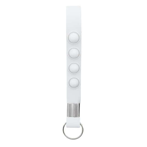 A white stress reliever key chain featuring four push buttons and a metal keyring attachment.
