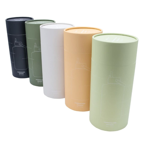 A drink bottle collection in black, olive green, white, peach, and light green, each in cylindrical packaging.