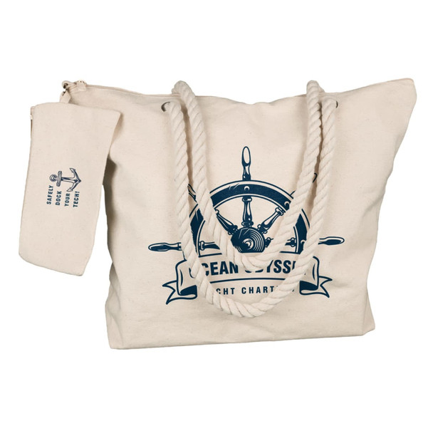 A cream-colored tote bag with blue nautical-themed design and rope handles, featuring a detachable pouch.