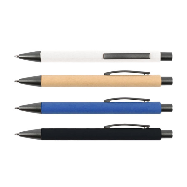 Four Aspen Paper Pens in white, kraft, blue, and black with metal accents and clips. Each pen has a logo.