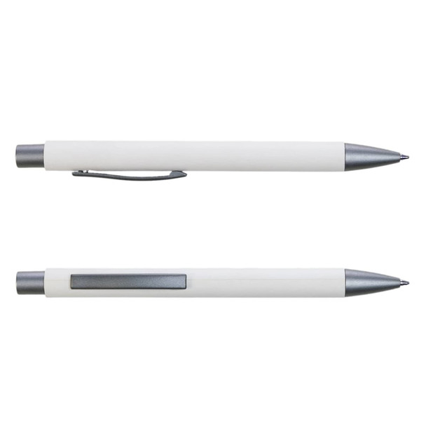 A white pen with a silver clip and tip, featuring a sleek design and branding on its surface. A white pen with a silver clip and tip, featuring a sleek design and branding on its surface.
