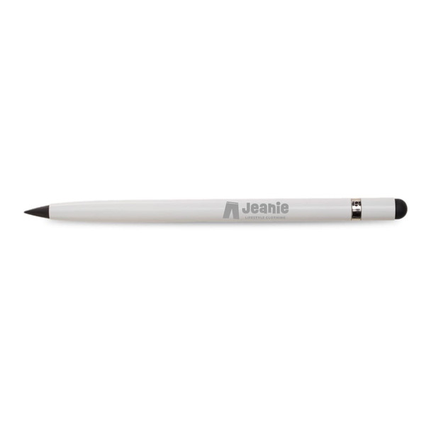 A white aluminium inkless pen with a sleek design and a subtle logo on the barrel.