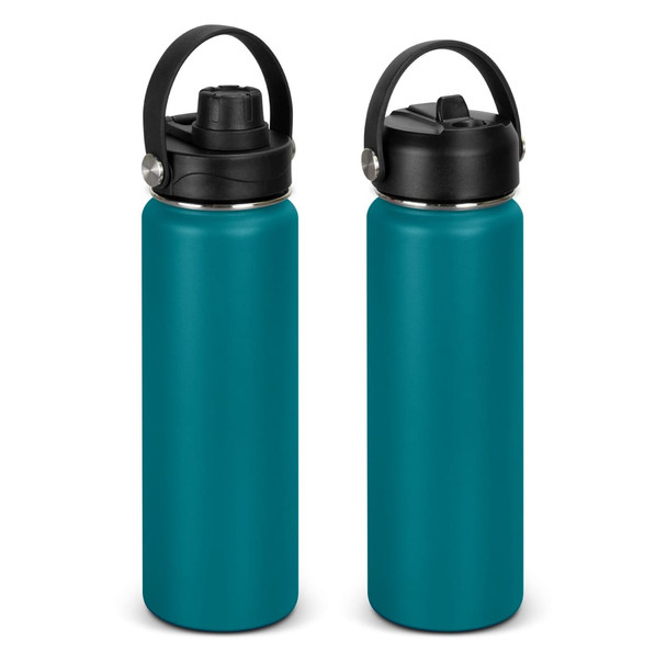 A drink bottle in teal with a black lid and handle, featuring a logo. Two bottles are displayed side by side.