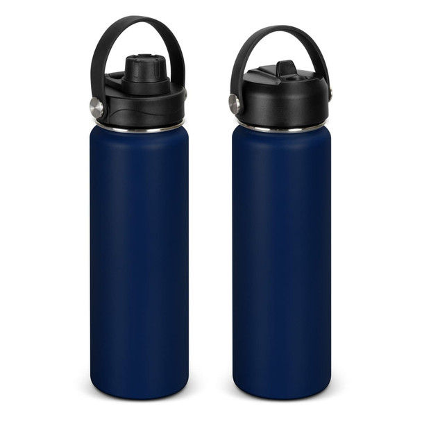 A drink bottle in navy blue with a black cap and handle, featuring a logo on the side.