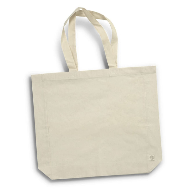 A cream-coloured tote bag made from recycled cotton, featuring two sturdy handles and a branding logo. A cream-coloured tote bag made from recycled cotton, featuring two sturdy handles and a branding logo.
