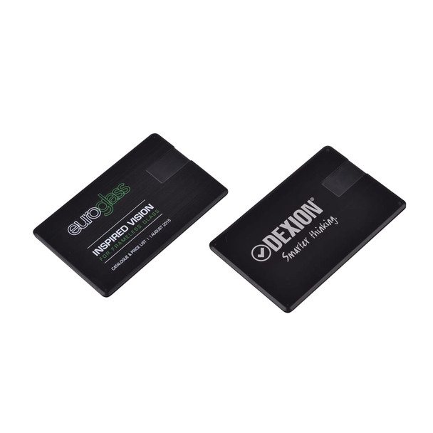 A black credit card flash drive with a sleek design and logos on both sides. Perfect for technology storage needs.