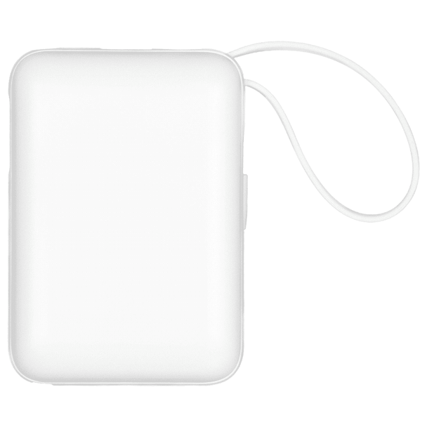 A white powerbank with a smooth surface and a loop strap, designed for charging devices on the go.