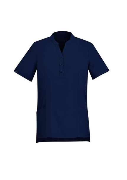 A navy blue women's tunic featuring a henley-style collar, short sleeves, and side pockets.