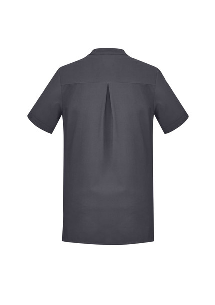 A dark grey women's tunic featuring short sleeves and a back pleat, suitable for uniforms.