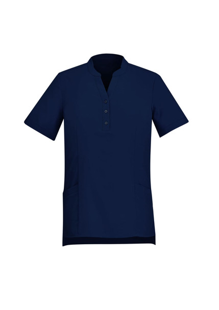 A navy blue women's tunic featuring a mandarin collar, short sleeves, and front button detailing with side pockets.