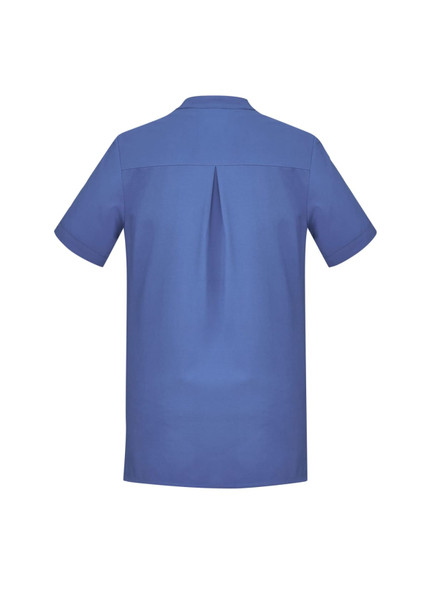 A blue women's tunic with short sleeves and a back pleat, featuring a branding logo.