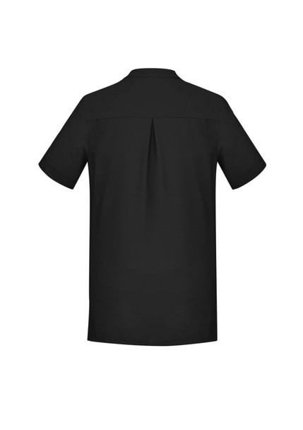 A plain black women's tunic featuring a back pleat and short sleeves, with a logo on one side.