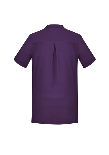 A plain purple women's tunic with a back pleat design and short sleeves. It features a branding logo.