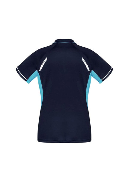 A navy blue women's polo shirt featuring light blue side panels and a logo on the back.