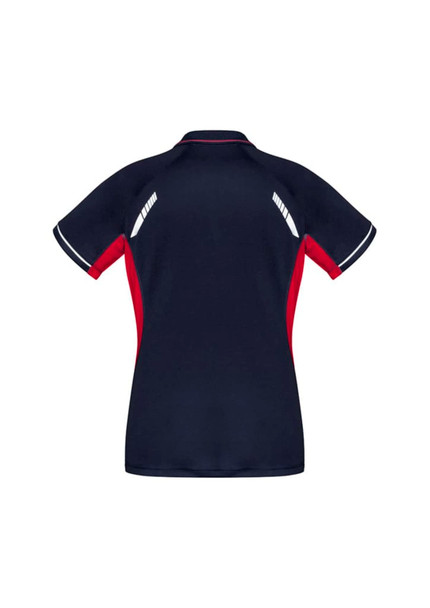 A navy and red women's polo shirt featuring a sporty design and logo on the back.