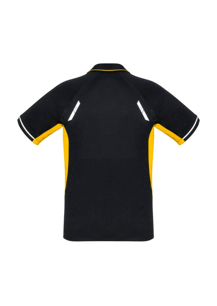 A black and yellow men's short sleeve polo shirt with reflective details and a logo on the front.