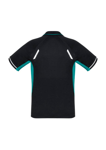 A black and teal short sleeve polo shirt featuring reflective detailing and a logo on the back.