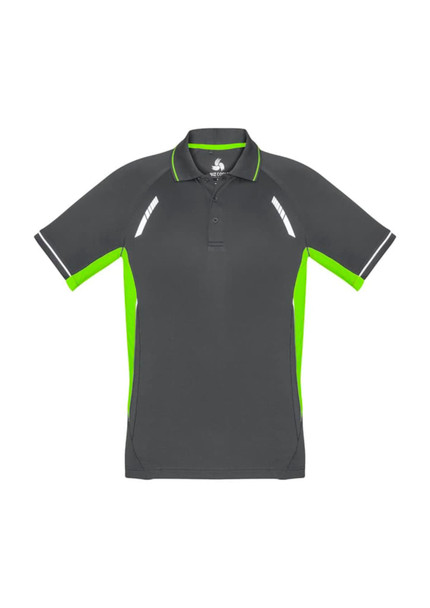A short sleeve men's polo shirt in grey with bright green accents and detailing. It features a logo on the chest.
