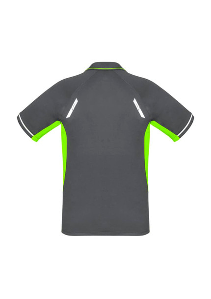 A grey short sleeve polo shirt with vibrant green accents and reflective details on the shoulders. Features a logo.