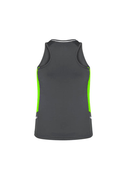 A women's singlet in dark grey with bright green side panels and a logo on the back.