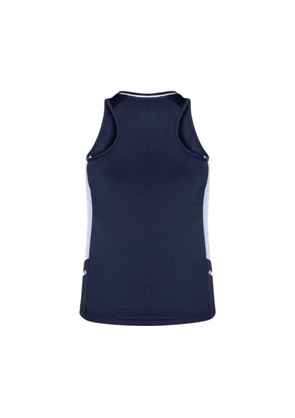 A navy blue women's singlet with white side panels, featuring a logo on the front.