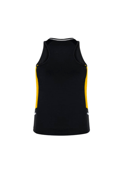 A black women's singlet featuring yellow side panels and a logo. Ideal for activewear and casual outings.