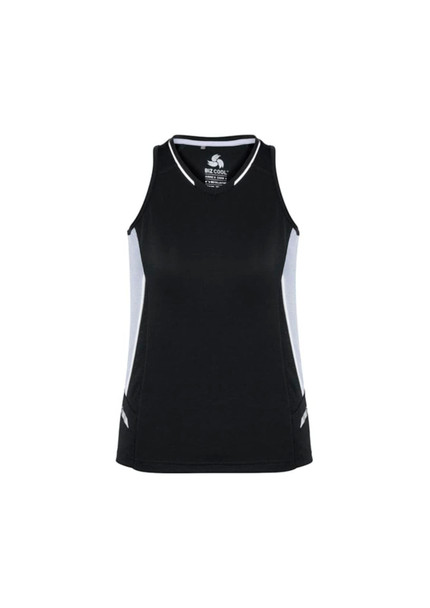 A black women's singlet with grey side panels and a logo on the front. Ideal for sports and casual wear.