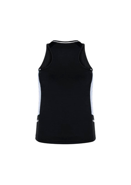 A black women's singlet featuring white side panels and a small logo on the front.