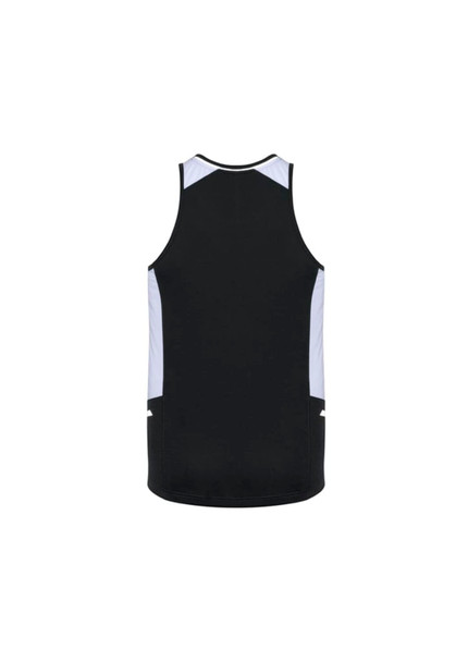 A black singlet featuring light blue accents and side pockets, with a logo on the back.
