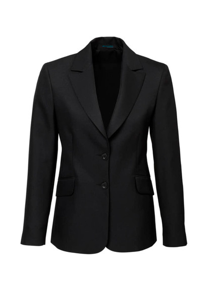 A black longline women's jacket with a blazer style, featuring two buttons and front pockets. It has a logo.