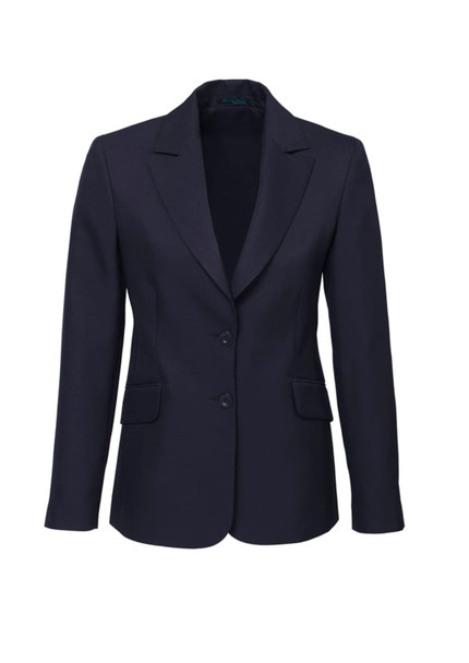 A women's longline jacket in navy, featuring a tailored fit and two front pockets. Includes a logo on the label.