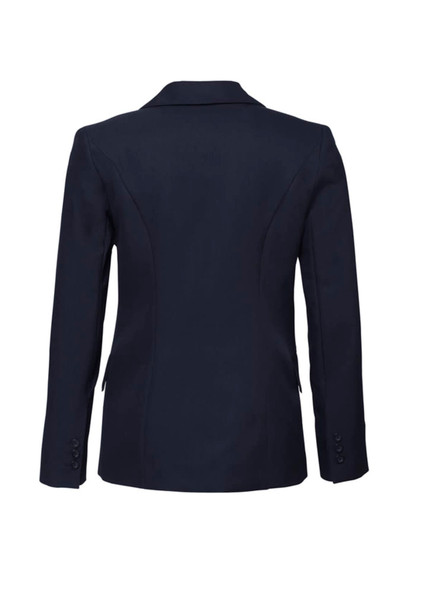 A navy longline jacket with a tailored fit and button details on the sleeves, featuring a smooth back design.