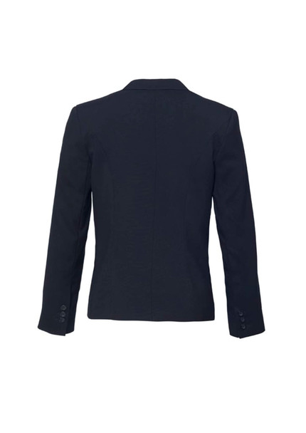 A women's short jacket in navy, featuring a reverse lapel and a tailored fit, with buttons on the sleeves.
