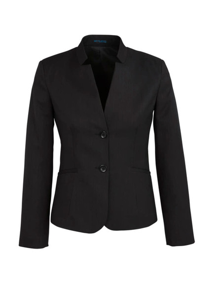 A black women's short jacket with a reverse lapel and two buttons, featuring long sleeves and a fitted design.